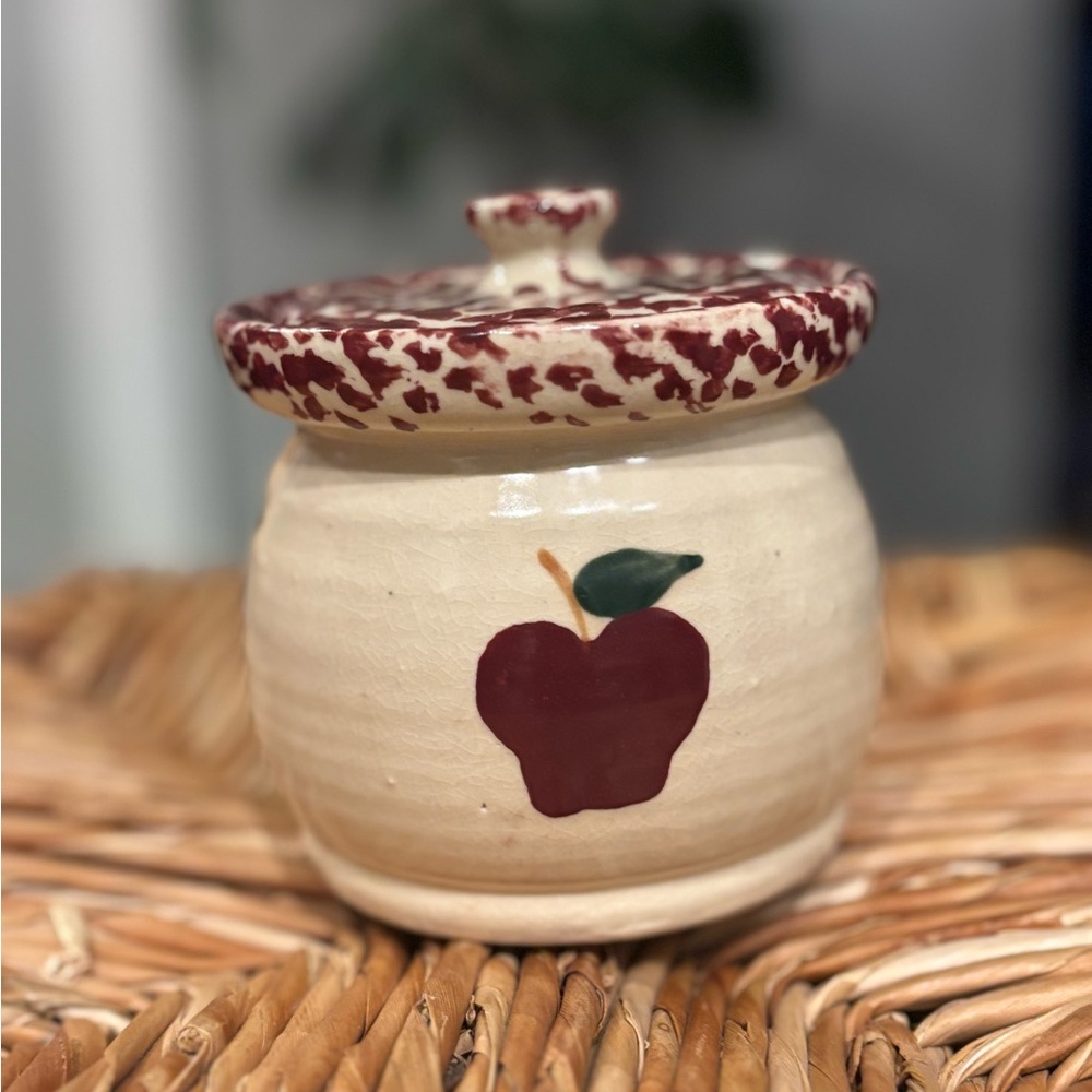 Ceramic Sugar Jar With Lid Beige With Red Apple Design